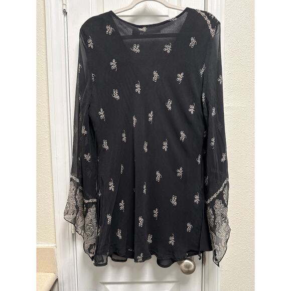 Y2K Black V Neck Floral Paisley Print Fairy Sleeves Silk Baby Doll Top Size XL - Picture 4 of 7